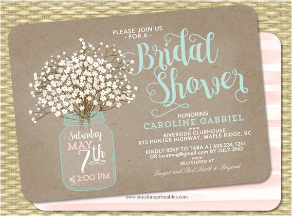 Bridal Shower Invitations Mason Jar theme Printable Bridal Shower Invitations