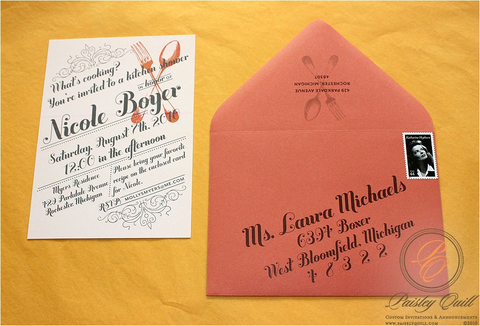 Bridal Shower Invitations with Envelopes Paisley Quill Cooking theme Bridal Shower