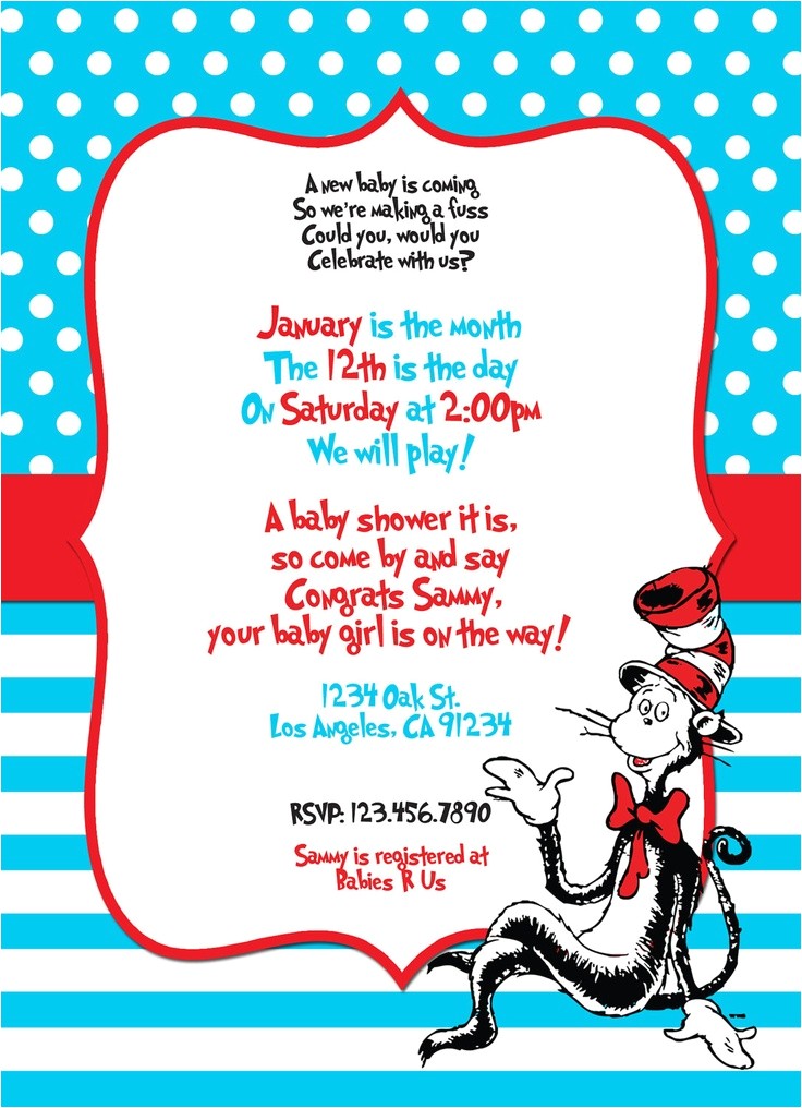 Cat In the Hat Baby Shower Invites Custom Dr Seuss themed Printable Digital Baby Shower