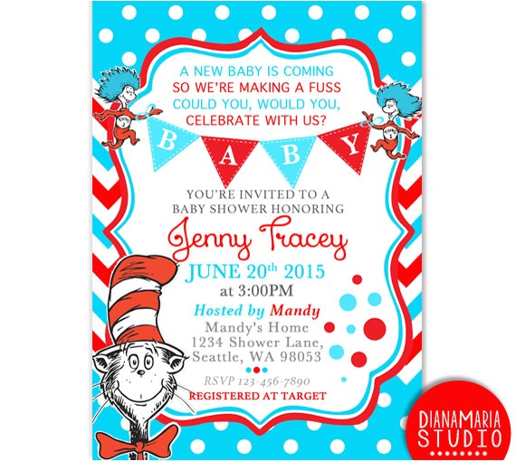 Cat In the Hat Baby Shower Invites Dr Seuss Baby Shower Invitation Card Cat In the Hat Baby