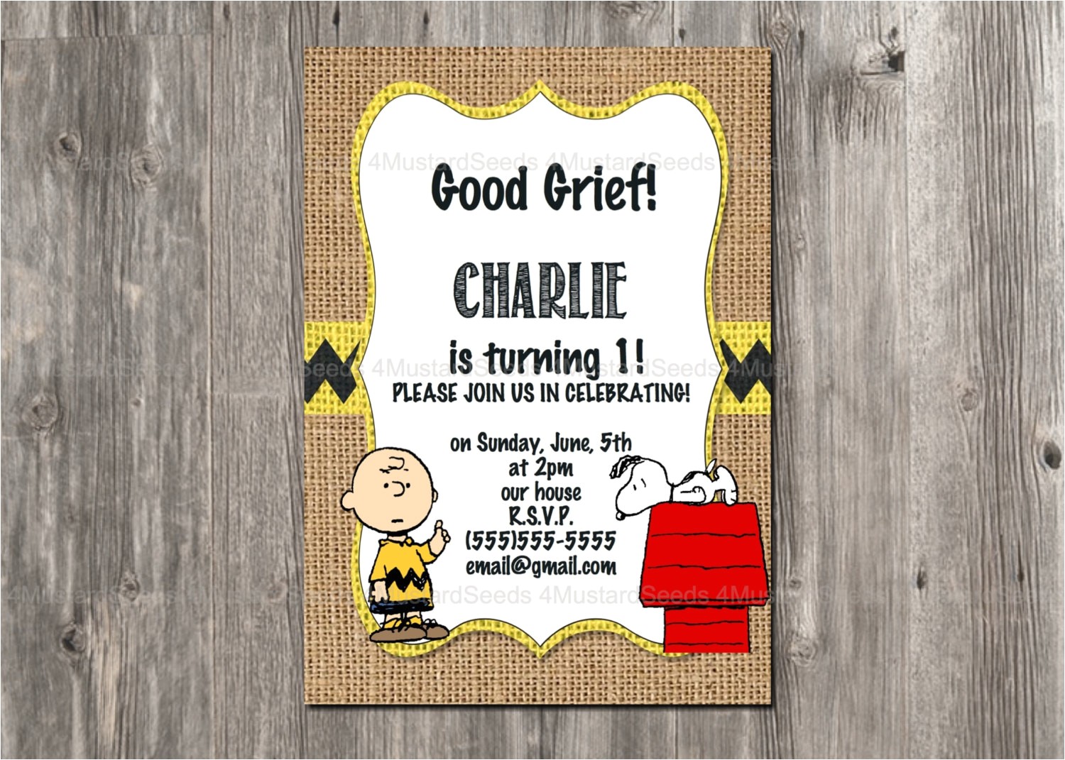 Charlie Brown 1st Birthday Invitations Charlie Brown Birthday Invitation Snoopy Rustic Burlap