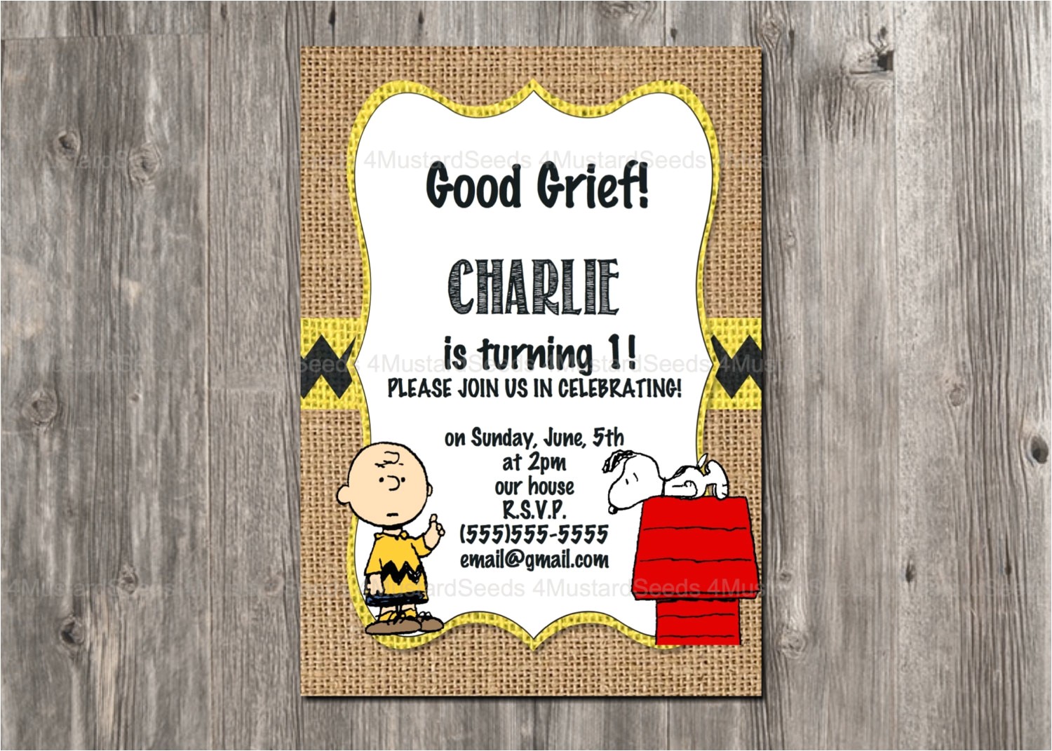 Charlie Brown Birthday Invitations Charlie Brown Birthday Invitation Snoopy Rustic Burlap