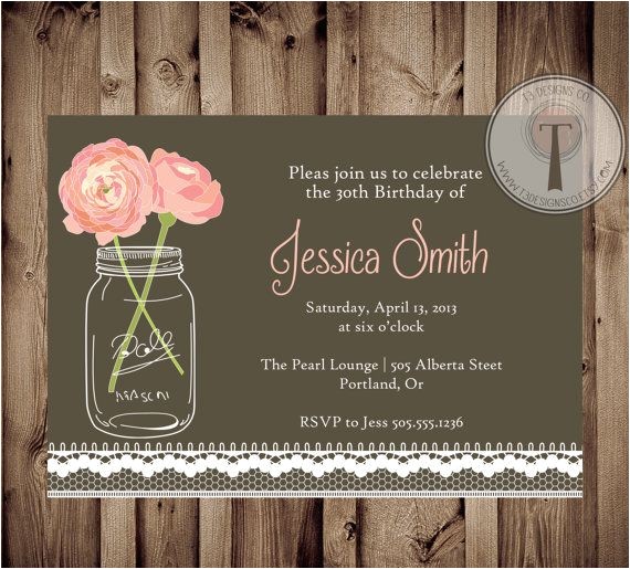 Classy 30th Birthday Invitation Wording Vintage Lace Birthday Invitation Mason Jar Invitation