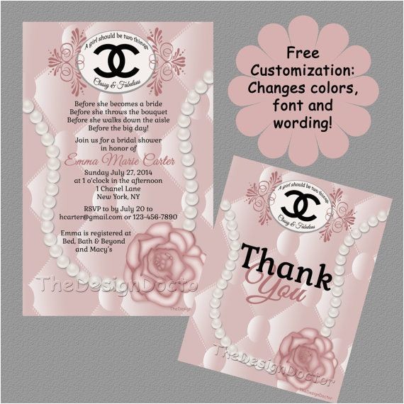 Coco Chanel Bridal Shower Invitations Custom Hand Drawn Classy and Fabulous Pink Coco Chanel