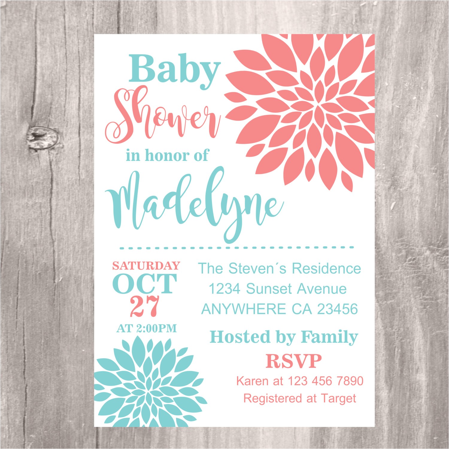 Coral and Teal Baby Shower Invitations Baby Shower Invitation Coral and Teal Baby Shower Invite