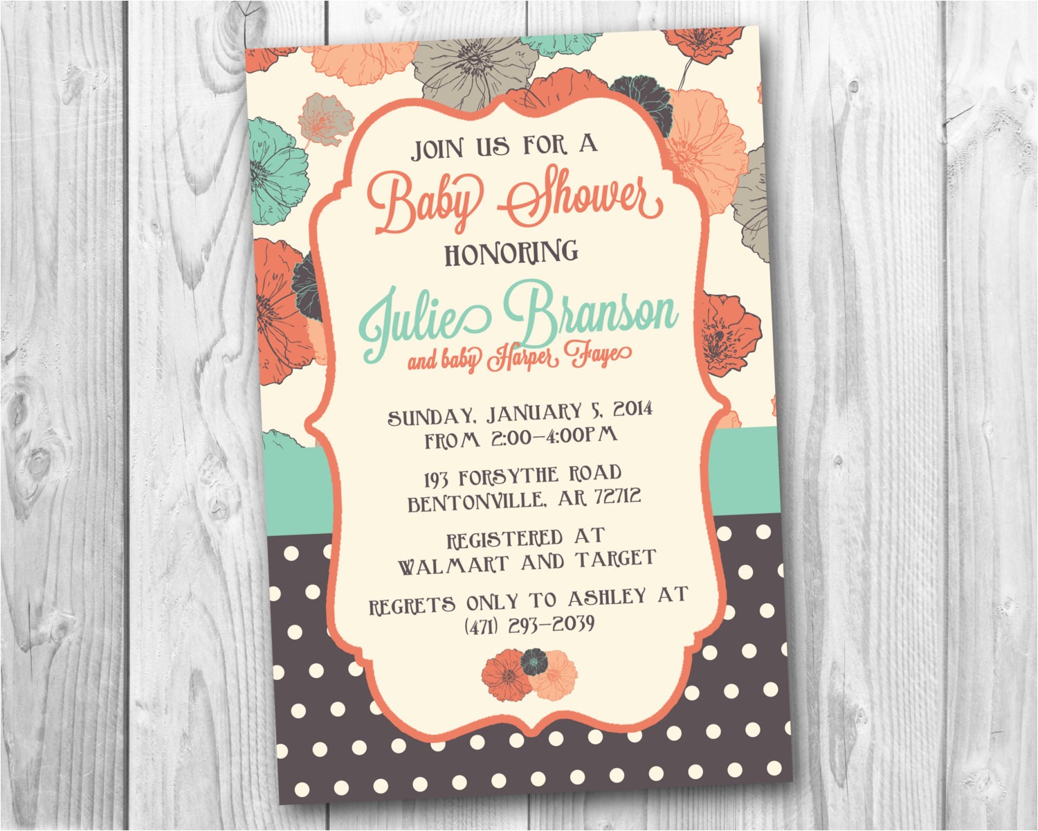 Coral and Teal Baby Shower Invitations Coral and Teal Poppies Baby Shower Invitation by