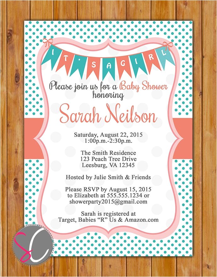 Coral and Teal Baby Shower Invitations Coral Teal Baby Shower Invitation Polka Dots Pennant Bunting