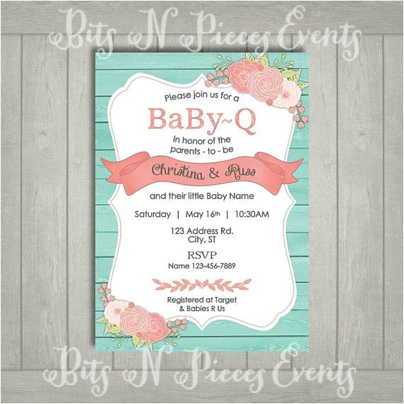 Coral and Teal Baby Shower Invitations Teal and Coral Babyque Invite Turquoise Rustic Baby Q