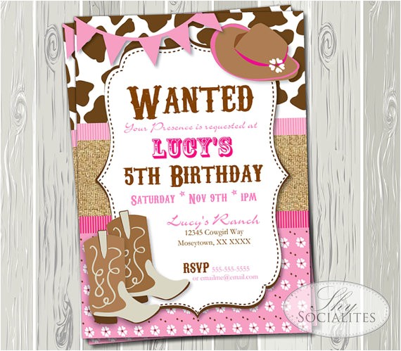 Cowgirl Birthday Invitations Templates Pink Cowgirl Party Invitation Birthday or Baby Shower