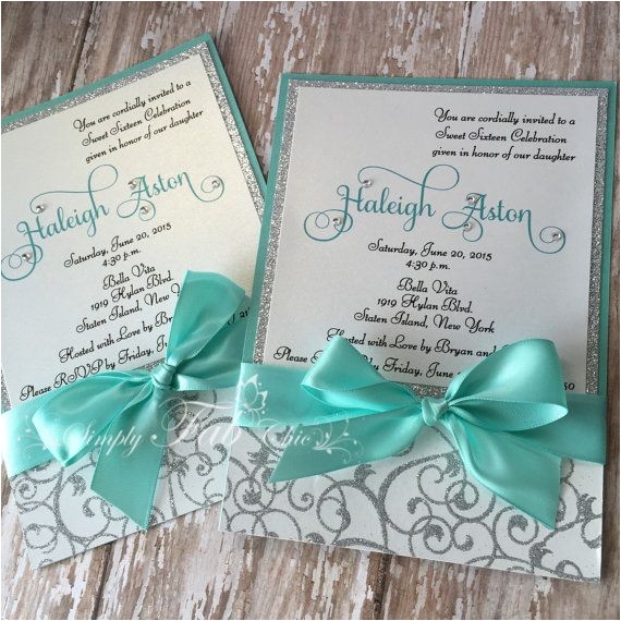 Custom Made Quinceanera Invitations Sweet Sixteen Teal and Silver Glitter Custom Handmade