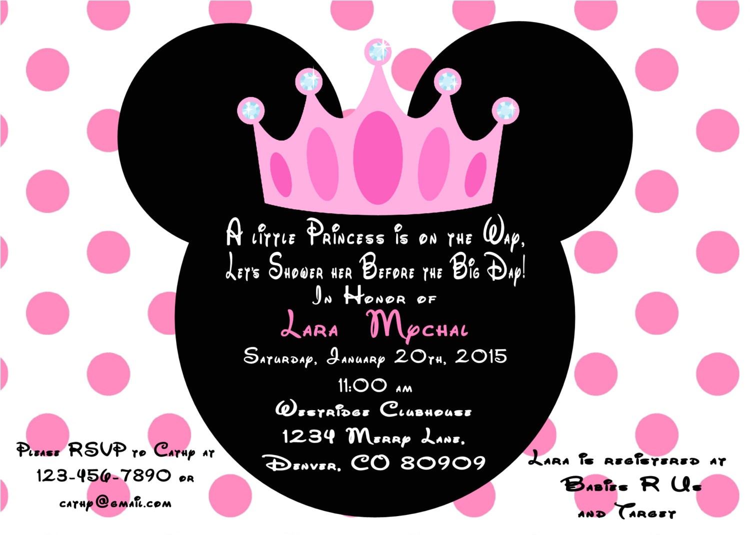 Customized Minnie Mouse Baby Shower Invitations Minnie Mouse Princess Baby Shower Invitation Printed with