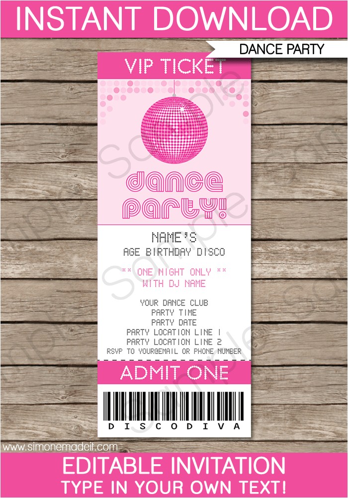Dance Party Invitations Templates Dance Party Ticket Invitations Template – Pink