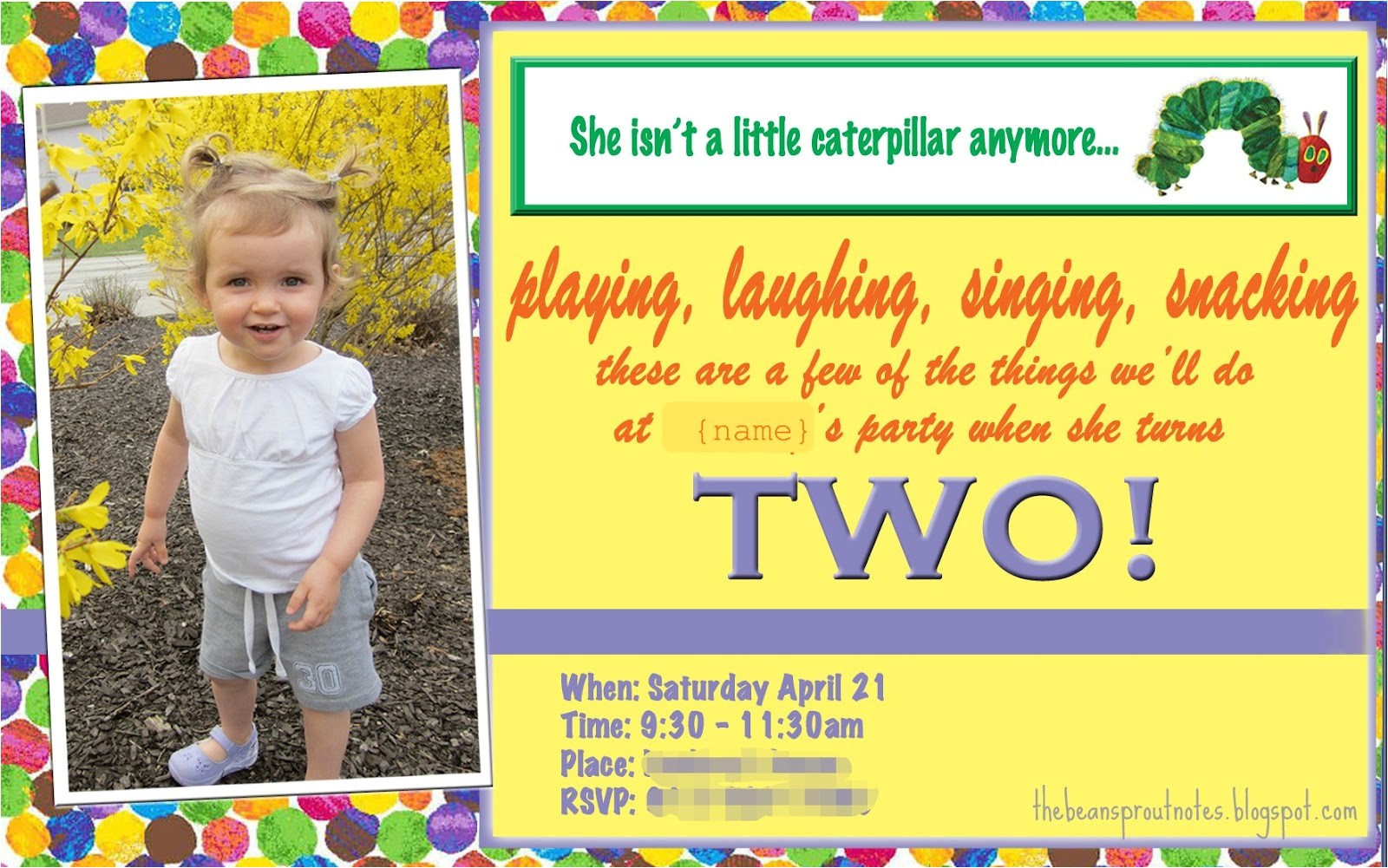 Daughter 2nd Birthday Invitation Wording the Bean Sprout Notes A Very Hungry Caterpillar 2nd