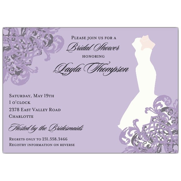Designer Bridal Shower Invitations Elegant Gown Lilac Bridal Shower Invitations Paperstyle