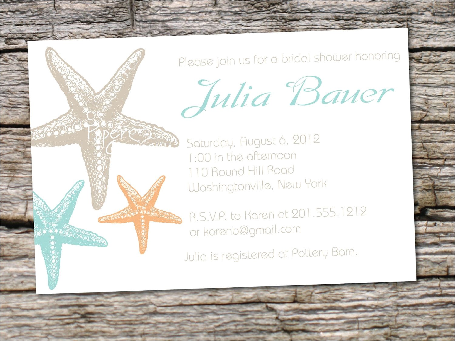 Destination Wedding Bridal Shower Invitations Starfish Elegance Bridal Shower Baby Shower Destination