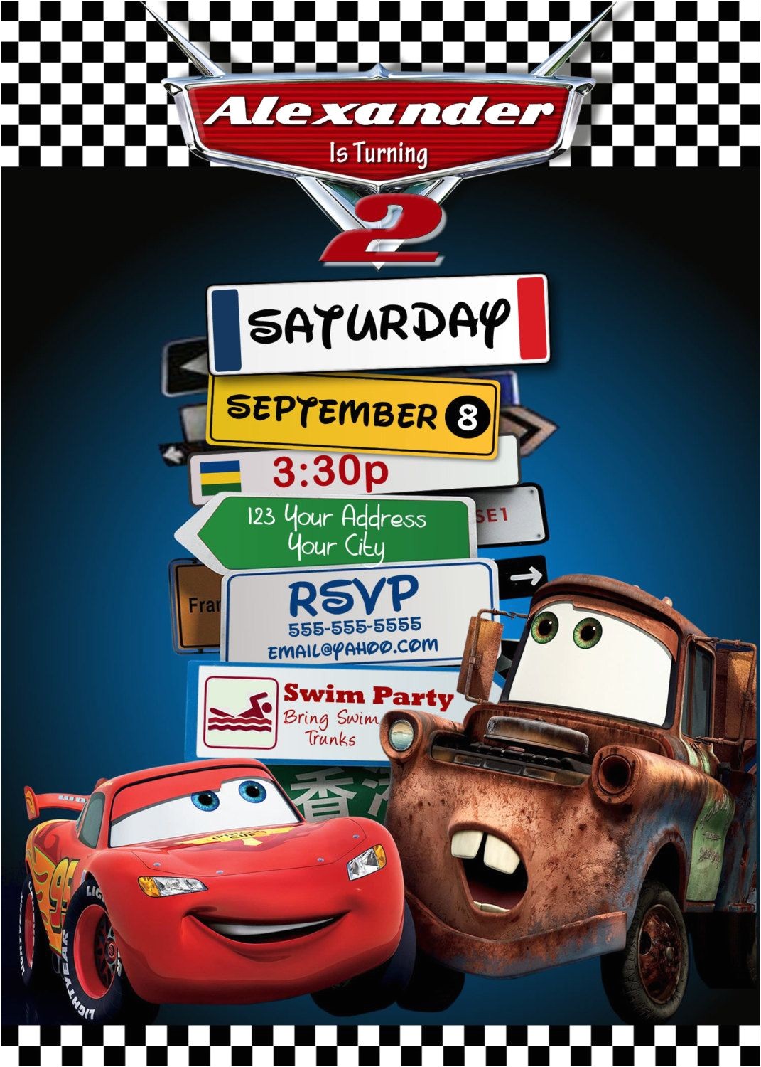 Disney Cars Birthday Party Invitations Templates Disney Pixar Cars Lightning Mcqueen Mater Birthday Party