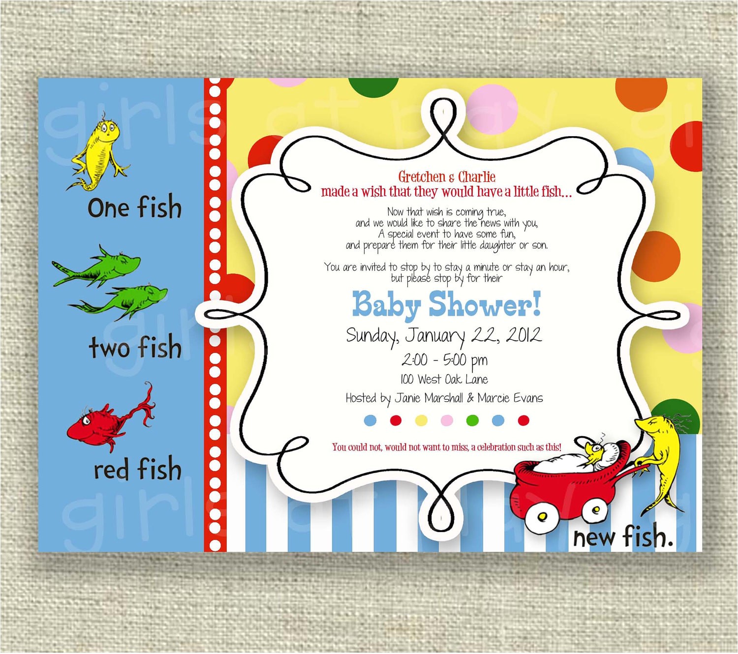 Dr Seuss themed Baby Shower Invitations Dr Seuss Baby Shower Invitation E Fish Two Fish Boy or Girl