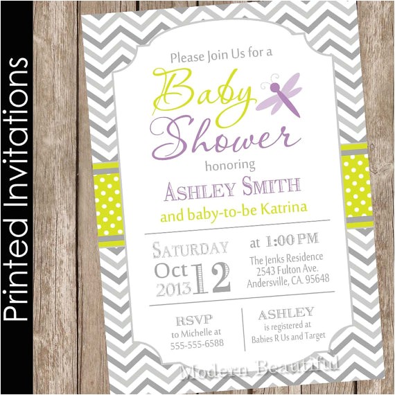 Dragonfly Baby Shower Invitations Printed Dragonfly Baby Shower Invitation Green and Purple