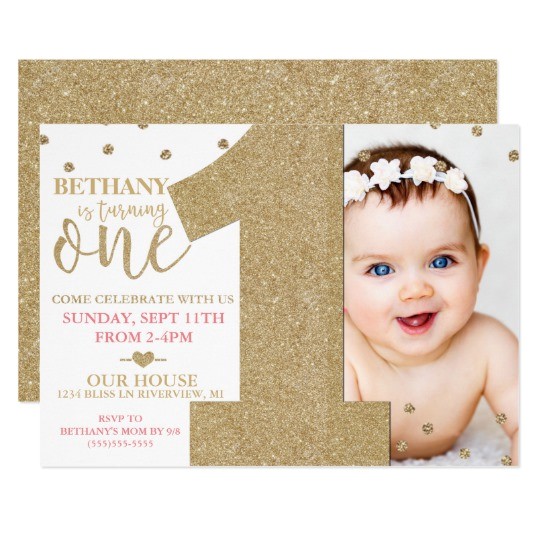 E Invites for First Birthday First Birthday Faux Gold Glitter Pink Invitation