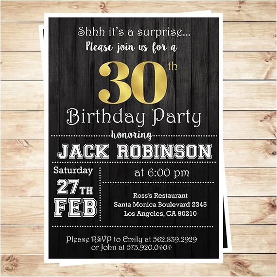 Editable 30th Birthday Invitations 30th Birthday Surprise Party Gold Black Mens 30th