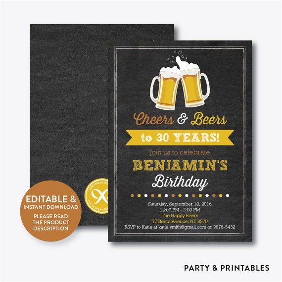 Editable 30th Birthday Invitations Instant Download Editable Cheers and Beers Birthday
