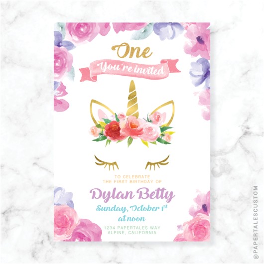 Electronic 1st Birthday Invitations Floral Unicorn themed Baby Shower Invitation Papertales
