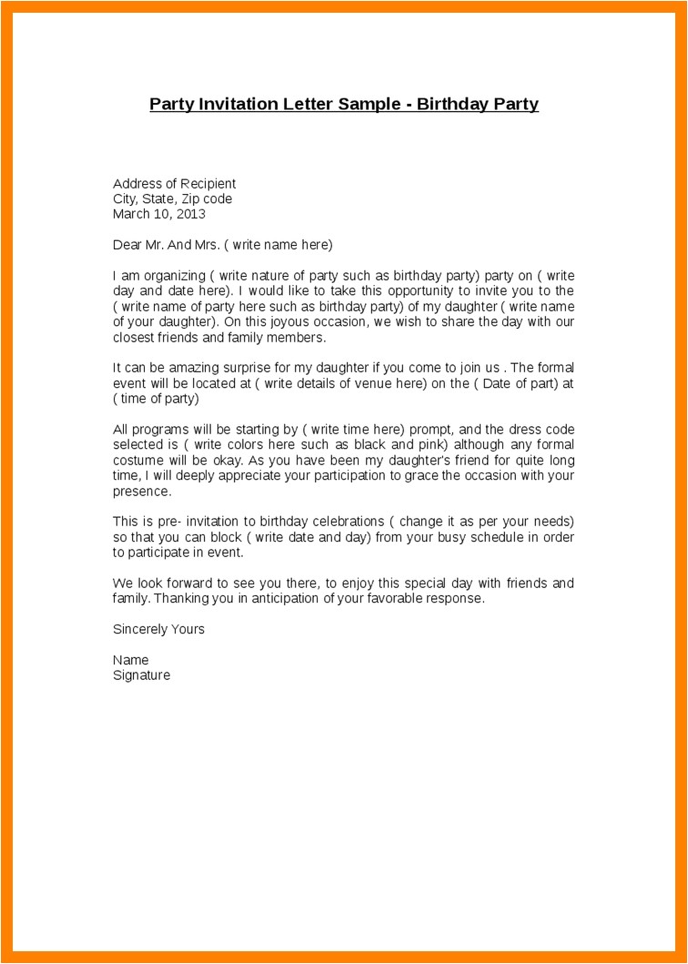 Example Of An Invitation Letter for A Birthday Party Invitation Letter for Birthday Letters Free Sample Letters