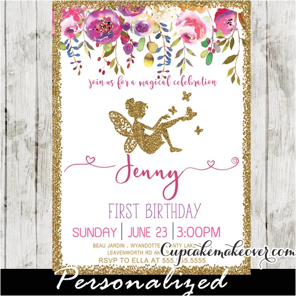 Fairy First Birthday Invitations Fairy First Birthday Invitations Pink Floral Gold Glitter