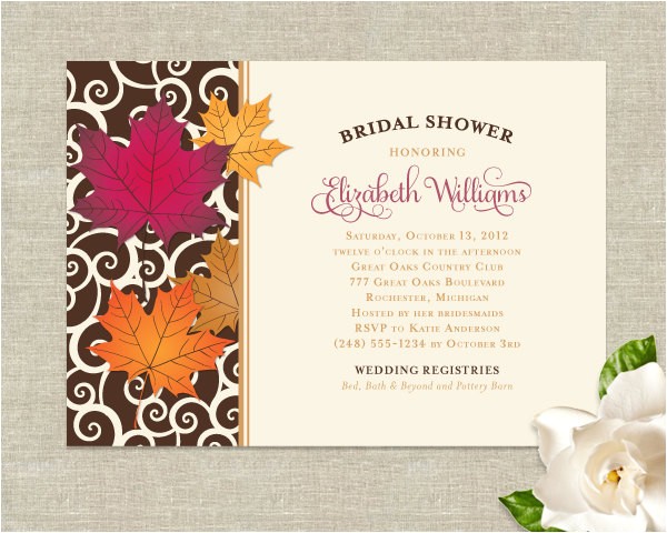 Fall themed Bridal Shower Invitations Fall Leaves theme Wedding Bridal Shower Invitations by