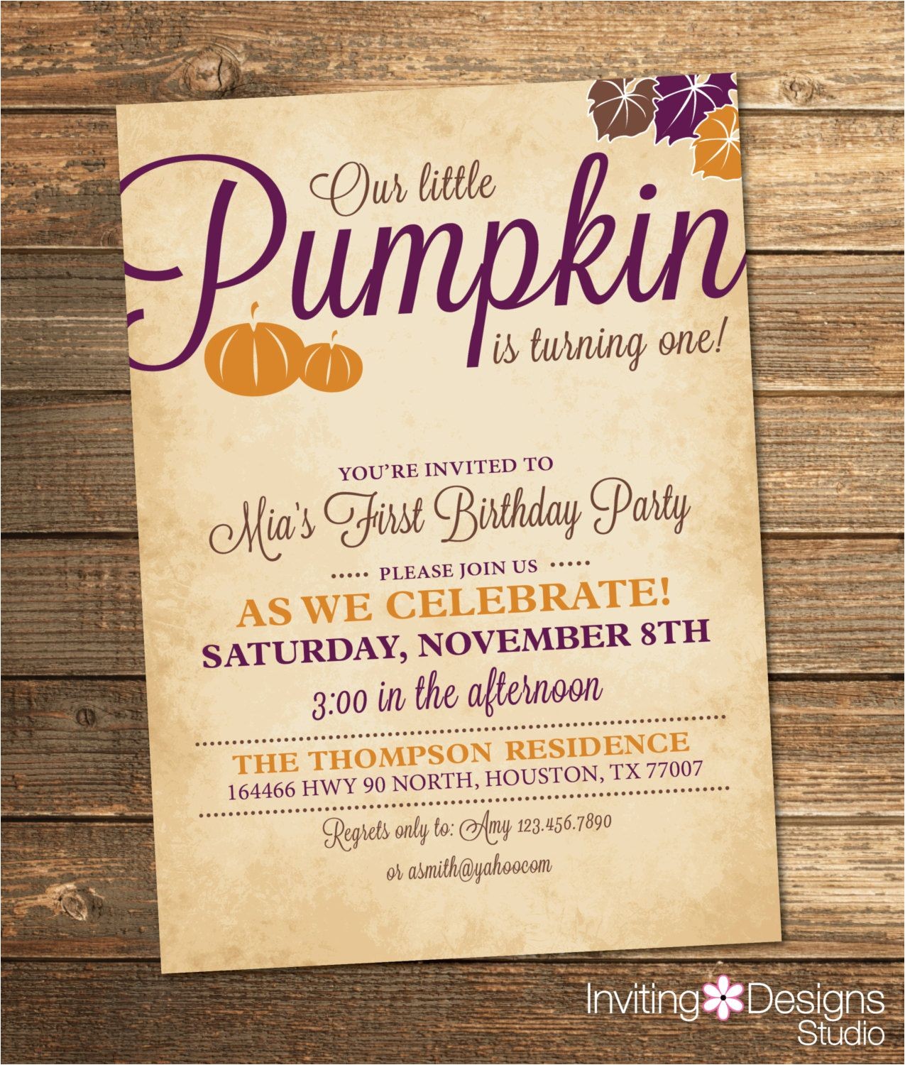 Fall themed Party Invitations Little Pumpkin Birthday Invitation Fall Birthday Party