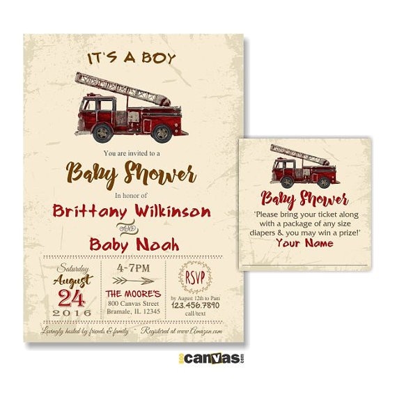 Firefighter themed Baby Shower Invitations Fire Truck Baby Shower Invitation Rustic Vintage by 800canvas