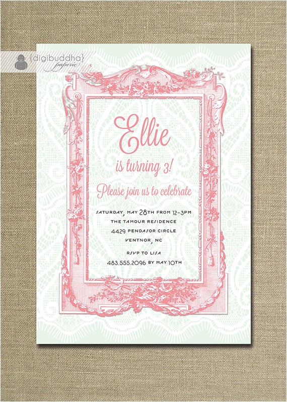 First Birthday Invitation Frames Lace Birthday Invitation Pastel Pink Mint Green Vintage