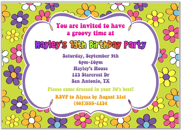 Flower themed Birthday Party Invitation Wording Retro Flower Power 70s Birthday Party Invitations