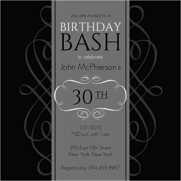 Formal 30th Birthday Invitation Wording Black and Grey formal soiree 30th Birthday Invite Adult