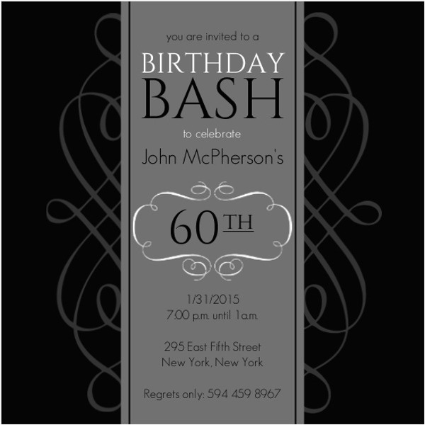 Formal 60th Birthday Invitation Wording Black and Grey formal soiree 60th Birthday Invite