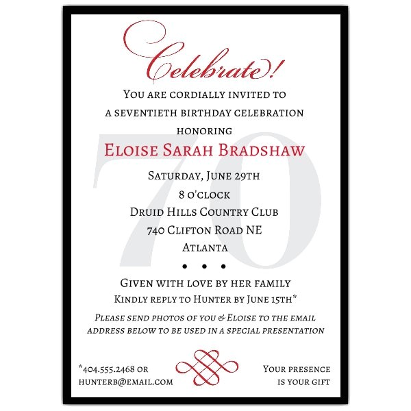 Formal 70th Birthday Invitation Wording Classic 70th Birthday Celebrate Party Invitations