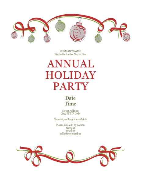 Formal Christmas Party Invitation Templates Holiday Party Invitation with ornaments and Red Ribbon