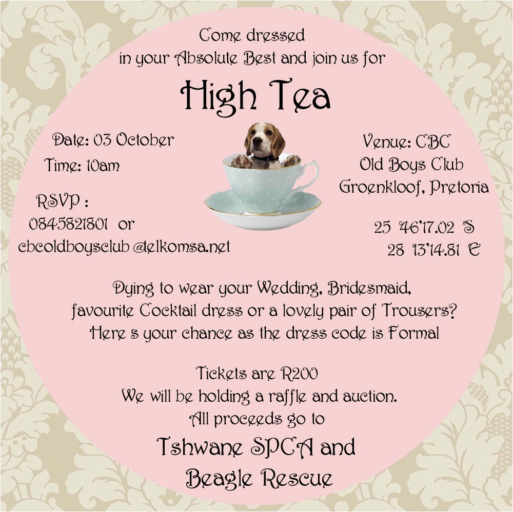 Formal Tea Party Invitation Wording formal High Tea Fundraiser Beagles Co Za