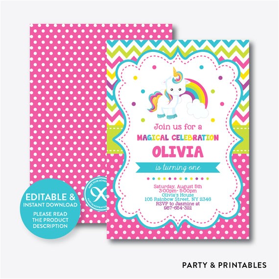 Free Editable Unicorn Birthday Invitations Instant Download Editable Unicorn Birthday Invitation