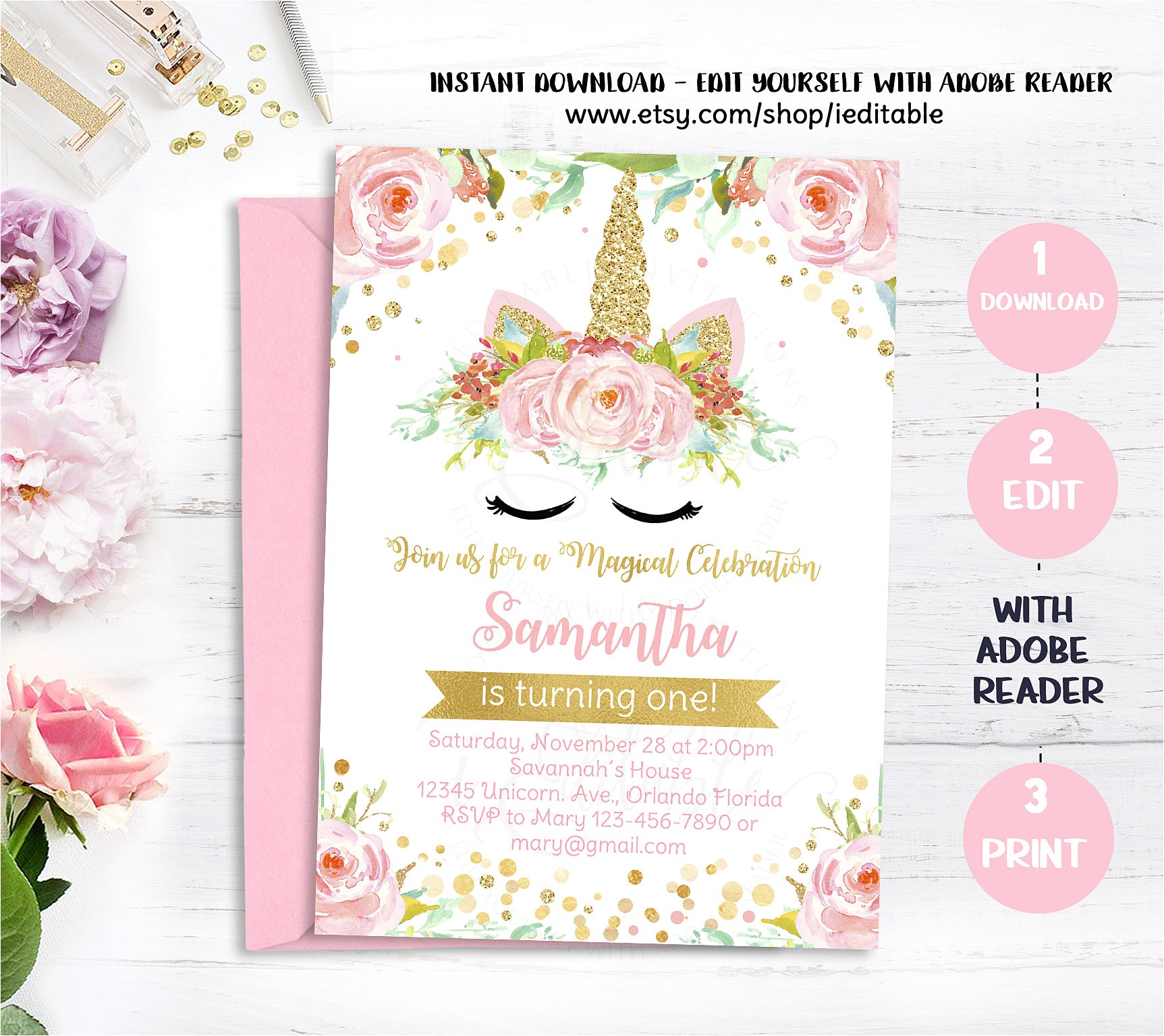 Free Editable Unicorn Birthday Invitations Unicorn Invitation Magical Unicorn 1st Birthday First