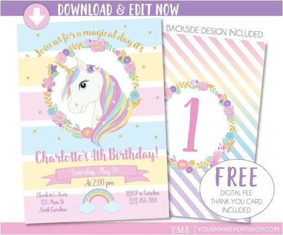 Free Editable Unicorn Birthday Invitations Unicorn Invitation Unicorn Party Invite Magical Rainbow