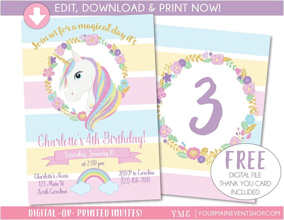 Free Editable Unicorn Birthday Invitations Unicorn Invitation Unicorn Party Invite Magical Rainbow