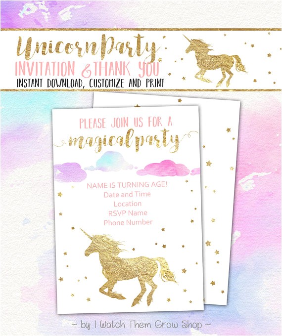Free Editable Unicorn Birthday Invitations Unicorn Party Invitation Thank You Card Editable