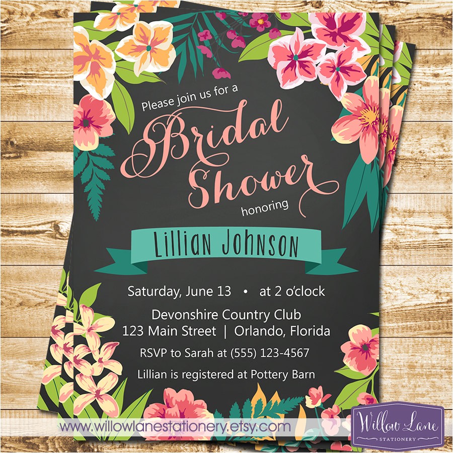 Free Hawaiian themed Bridal Shower Invitations Chalkboard Tropical Bridal Shower Invitation island Flowers