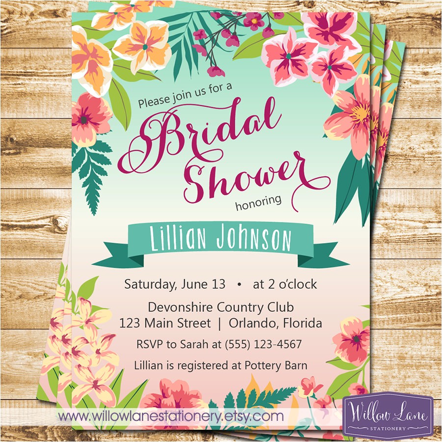 Free Hawaiian themed Bridal Shower Invitations Tropical Bridal Shower Invitation island Flowers Hawaiian