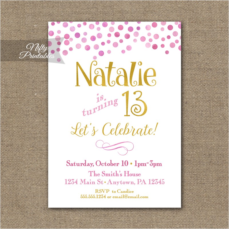 Free Printable Birthday Party Invitations for Tweens Pink Gold Confetti Birthday Invitation Teen Tween
