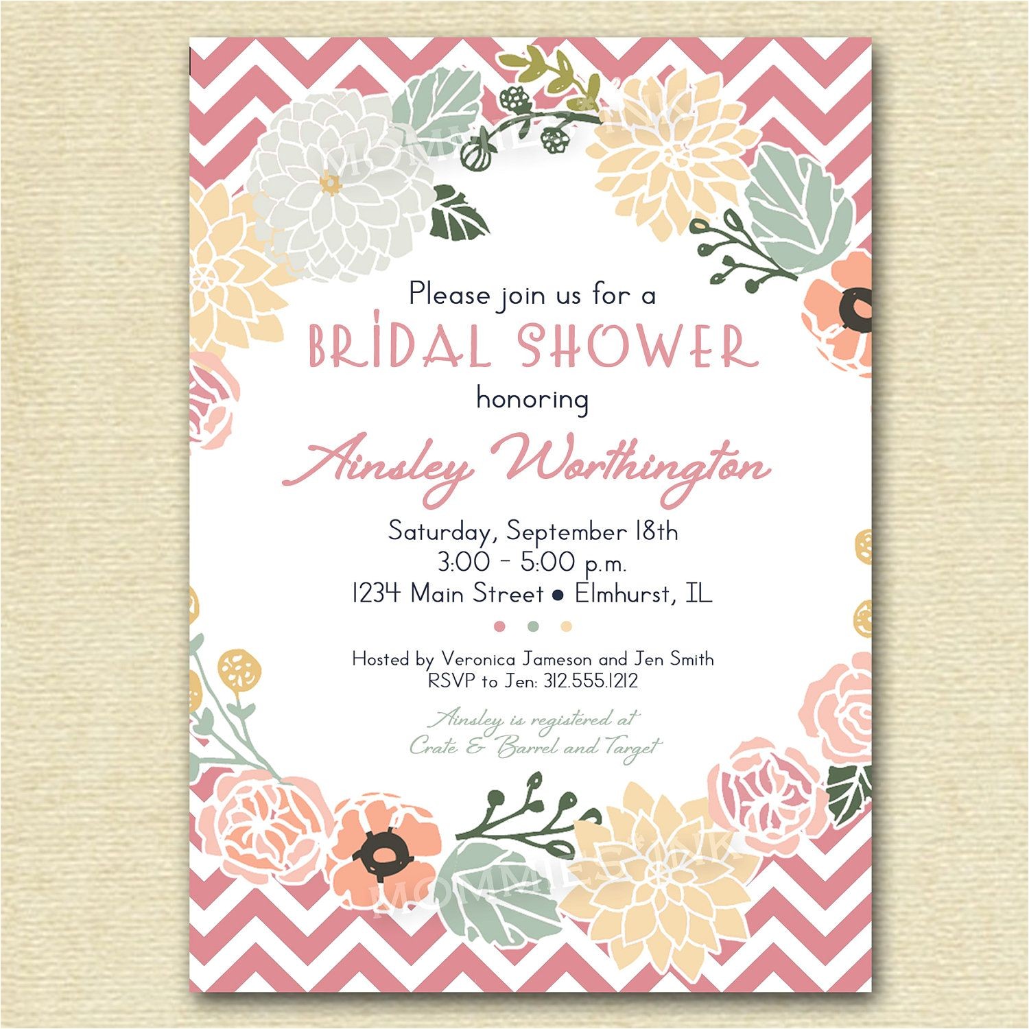 Free Printable Bridal Shower Invitations Vintage Vintage Flower Wreath and Pink Chevron Bridal Shower
