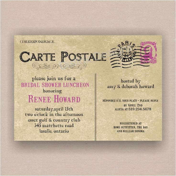 Free Printable Bridal Shower Postcard Invitations Paris French Postcard Bridal or Baby Shower Invitation