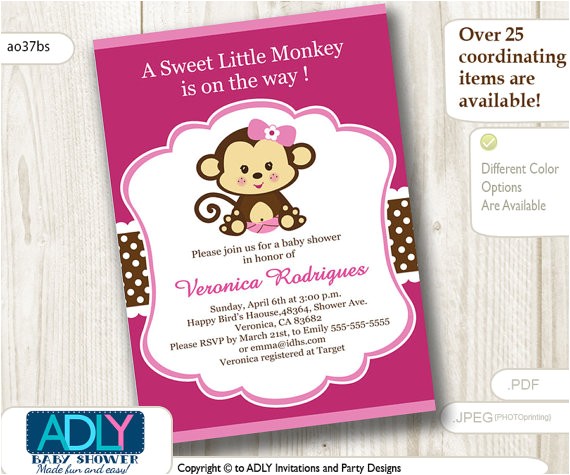 Free Printable Monkey Girl Baby Shower Invitations Hot Pink Girl Monkey Baby Shower Invitation Printable Diy Card