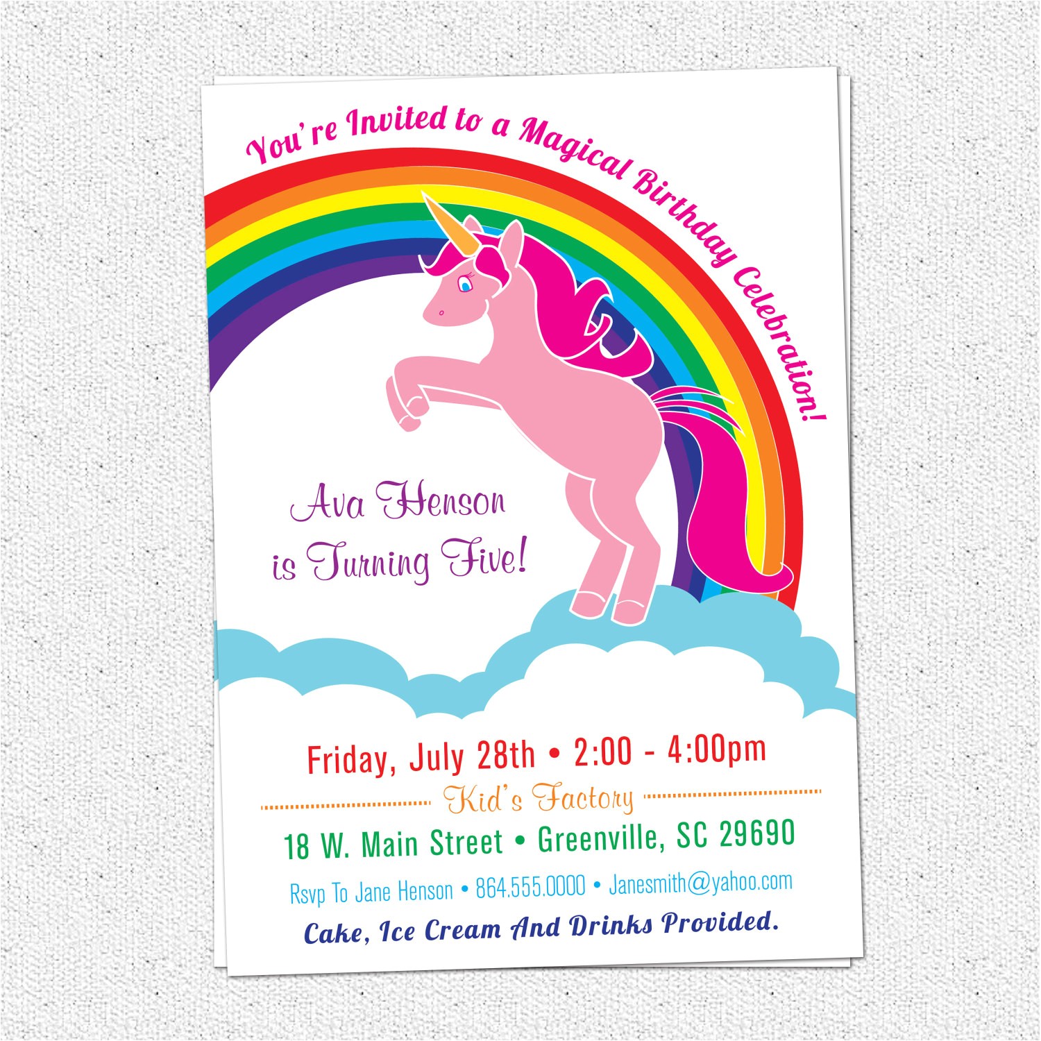 Free Printable Rainbow Unicorn Birthday Invitations Printable Unicorn Birthday Party Invitation Rainbow Pink
